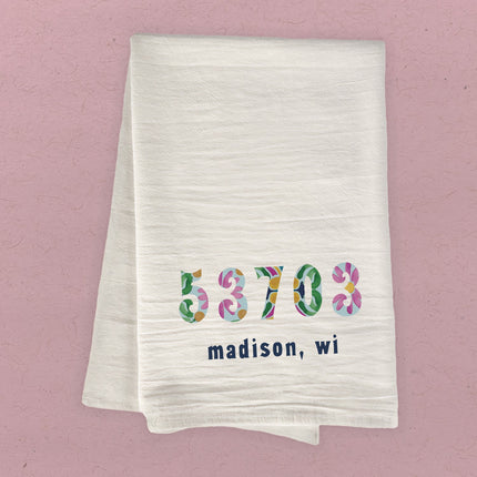 Vibrant Tiles w/ City, State, Zip - Custom Cotton Tea Towel