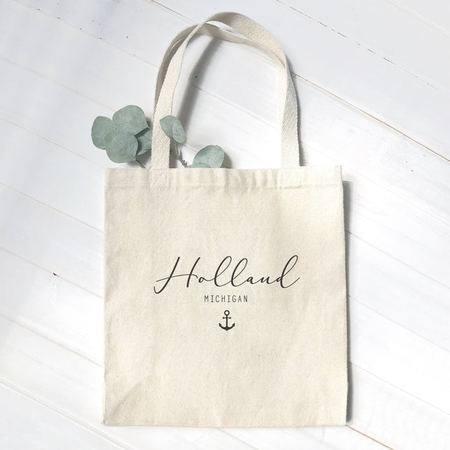 Script City and State with Anchor - Custom Canvas Tote Bag