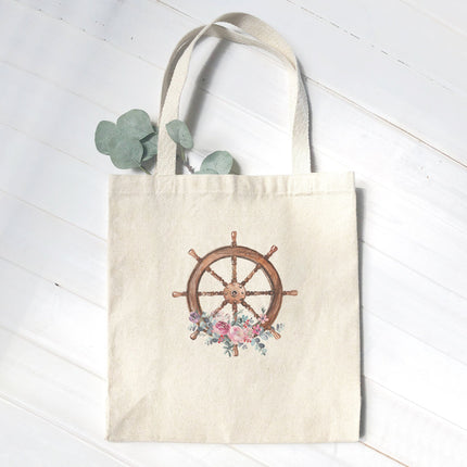Watercolor Floral Ship Wheel - Canvas Tote Bag