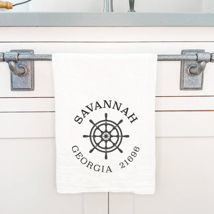 Ship Wheel w/ City and State - Custom Cotton Tea Towel
