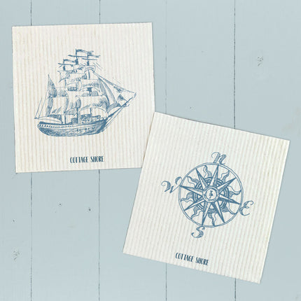 Hand Drawn Ship, Compass 2 pk - Swedish Dish Cloth