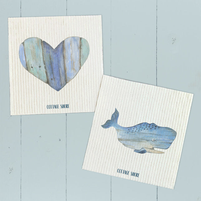 Coastal Wood Whale and Heart  - 2pk Swedish Dish Cloth