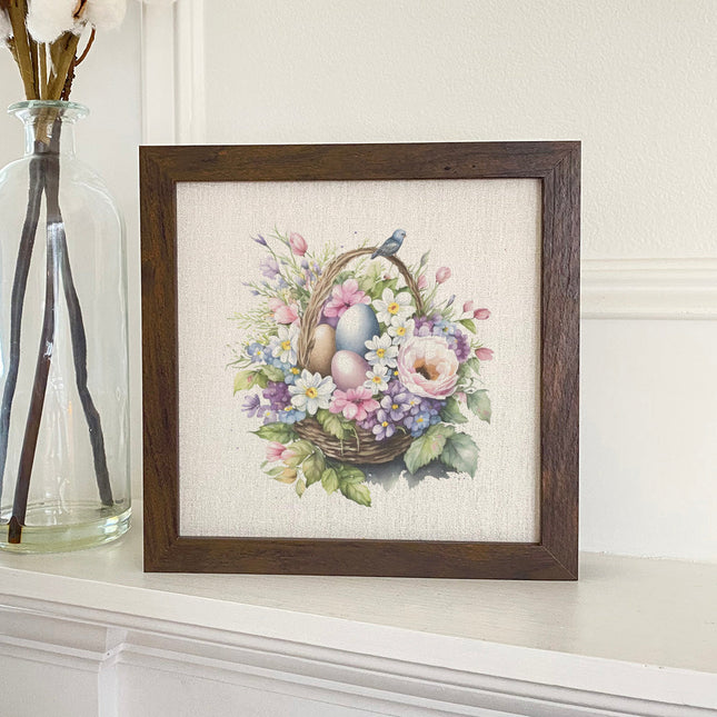 Watercolor Floral Basket and Eggs - Framed Sign