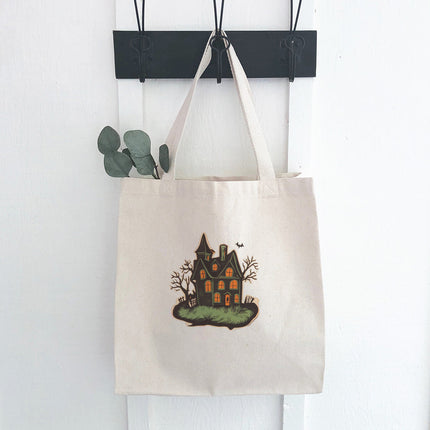 Retro Haunted House - Customizable Halloween Canvas Tote Bag