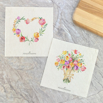 Spring Heart Wreath, Tulip Bouquet  - 2pk Swedish Dish Cloth