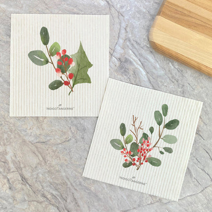 Watercolor Holly Branch, Sprig  - 2pk Swedish Dish Cloth