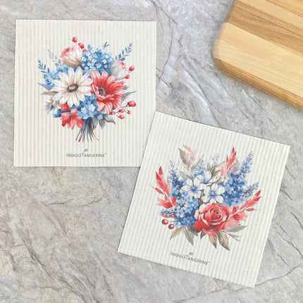 Patriotic Daisy and Rose Bouquet  - 2pk Swedish Dish Cloth