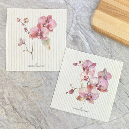 Set of Watercolor Orchid Blooms  - 2pk Swedish Dish Cloth