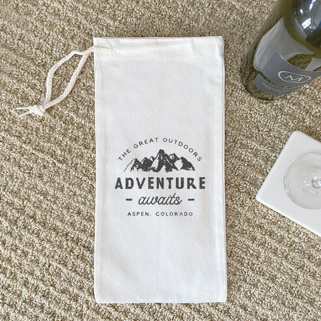 Adventure Awaits w/ City, State - Custom Canvas Wine Bag