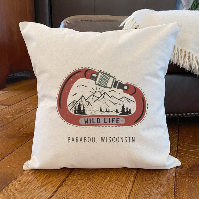Wild Life Carabiner w/ City, State - Custom Square Canvas Pillow