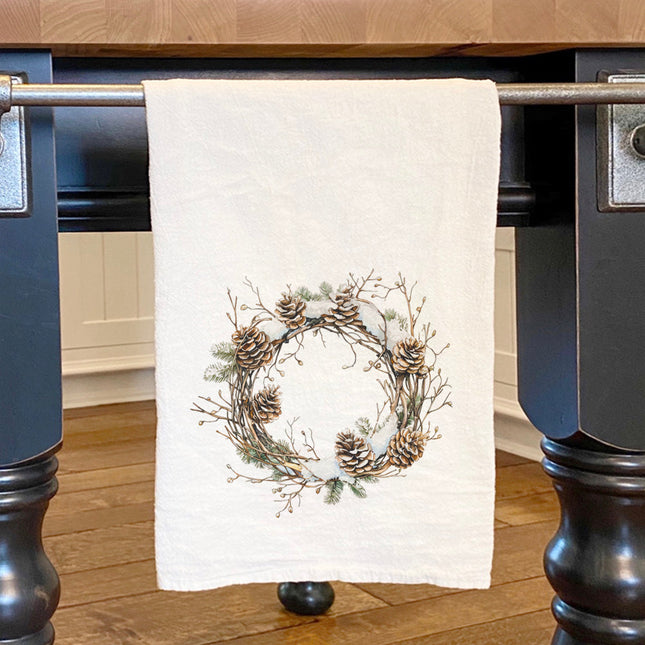 Rustic Pinecone Wreath - Winter Customizable Cotton Tea Towel