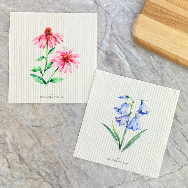 Pink Coneflower, Bluebells 2 pk - Swedish Dish Cloth