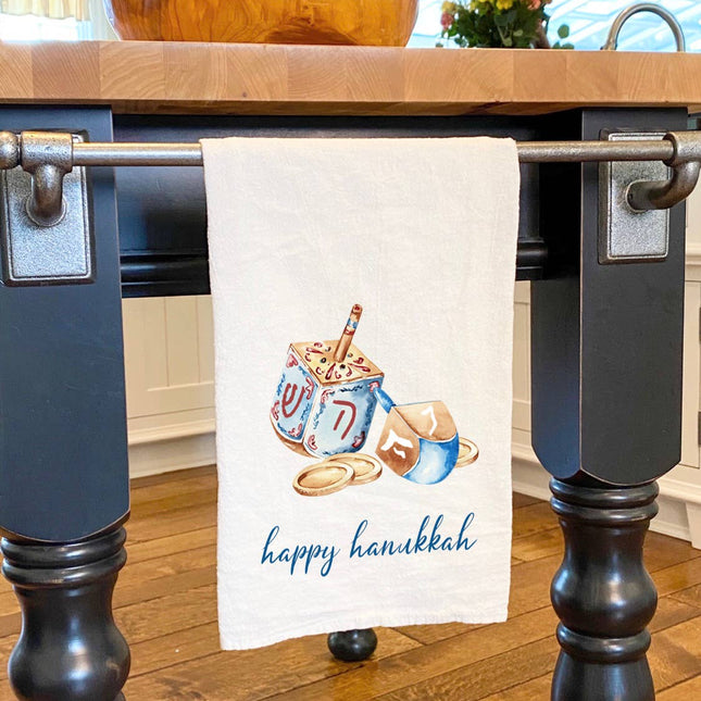 Hanukkah - Dreidel and Coins - Cotton Tea Towel
