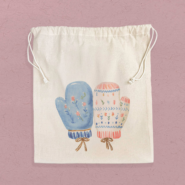 Nordic Floral Mittens - Customizable Cotton Cinch Bag