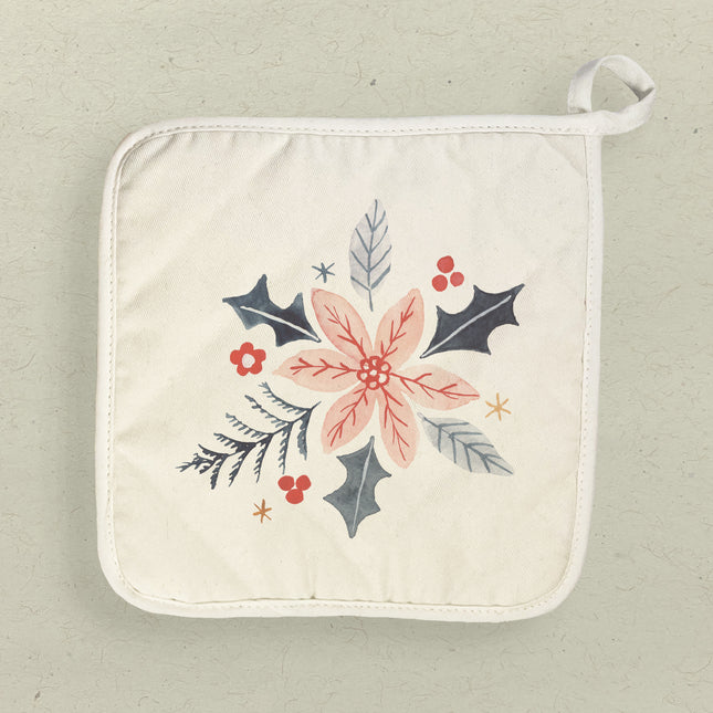Hand Drawn Pink Poinsettia - Customizable Cotton Pot Holder