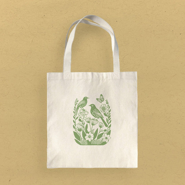 Linocut Spring Birds - Customizable Canvas Tote Bag