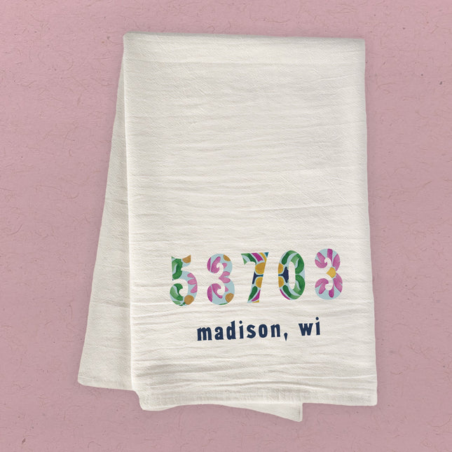 Vibrant Tiles w/ City, State, Zip - Custom Cotton Tea Towel