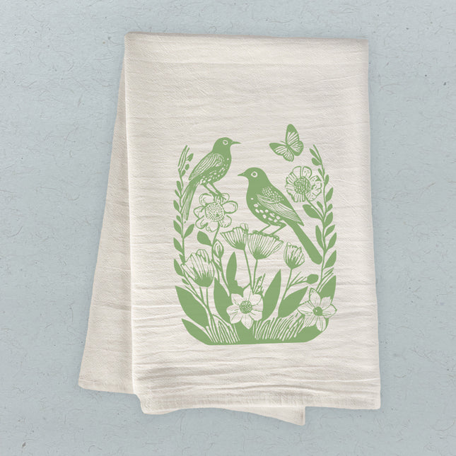 Linocut Spring Birds - Customizable Cotton Tea Towel