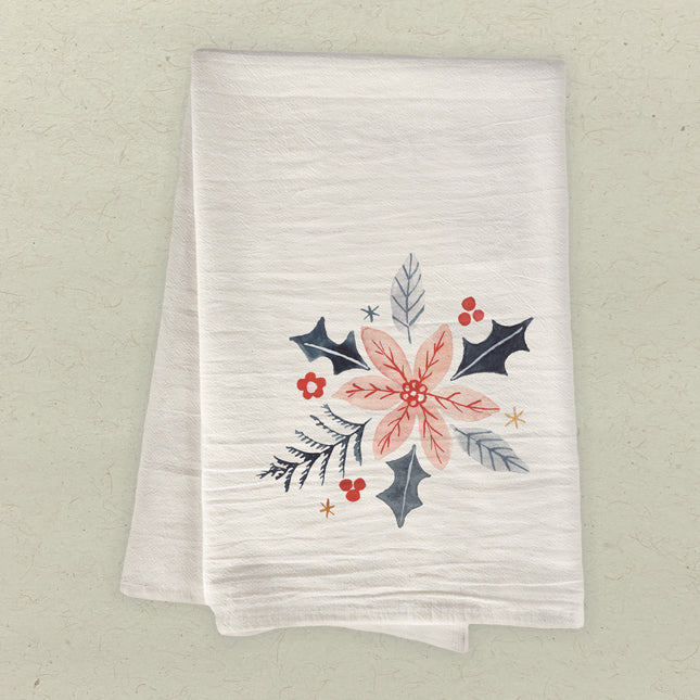 Hand Drawn Pink Poinsettia - Customizable Cotton Tea Towel