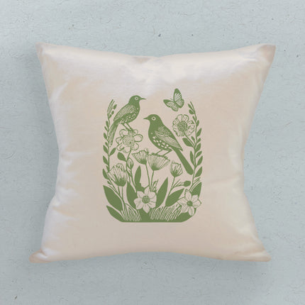 Linocut Spring Birds - Customizable Square Canvas Pillow