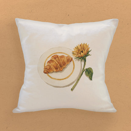 Sunflower & Croissant - Painting - Square Canvas Pillow