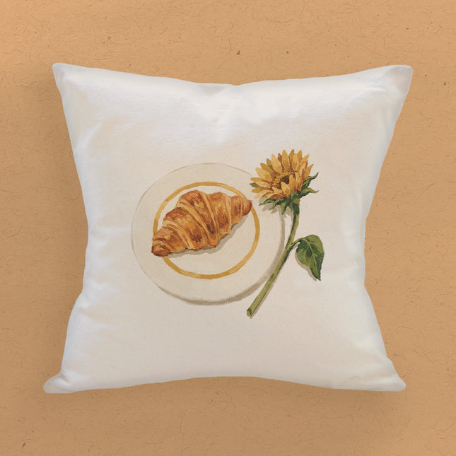 Sunflower & Croissant - Painting - Square Canvas Pillow