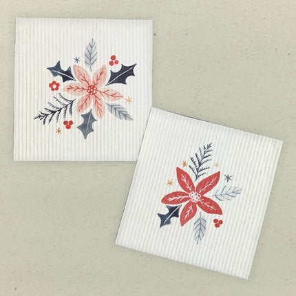 Hand Drawn Poinsettias  - 2pk Swedish Dish Cloth