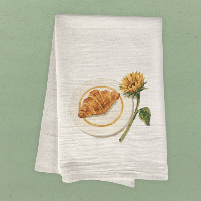 Sunflower & Croissant - Painting - Cotton Tea Towel