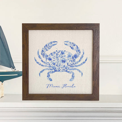 Watercolor Floral Blue Crab - Custom Framed Sign