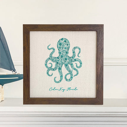 Watercolor Floral Teal Octopus - Custom Framed Sign