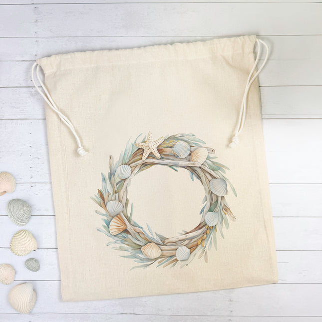 Seashell Driftwood Wreath - Customizable Cotton Cinch Bag