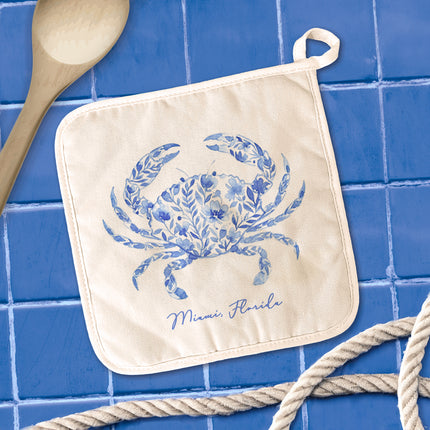 Watercolor Floral Blue Crab - Custom Cotton Pot Holder