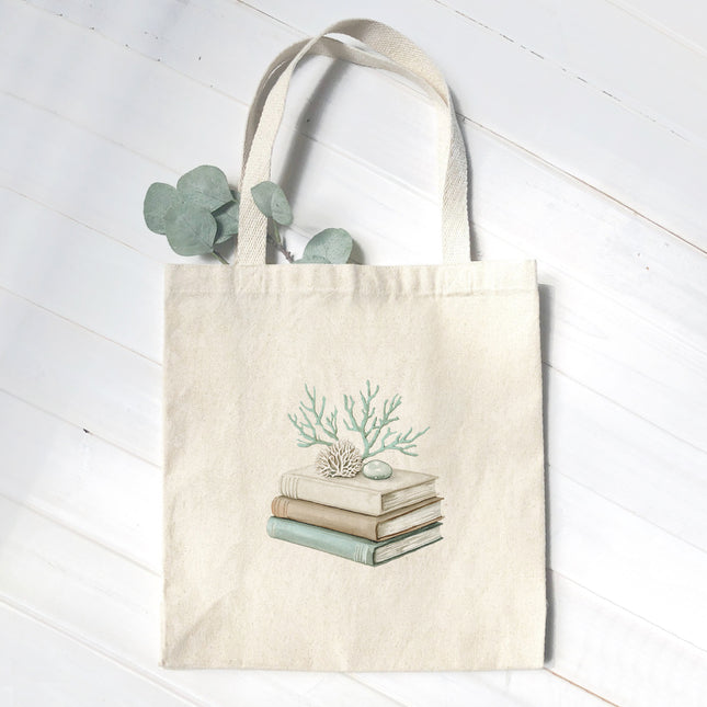 Coastal Book Stack - Customizable Canvas Tote Bag