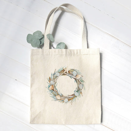 Seashell Driftwood Wreath - Customizable Canvas Tote Bag