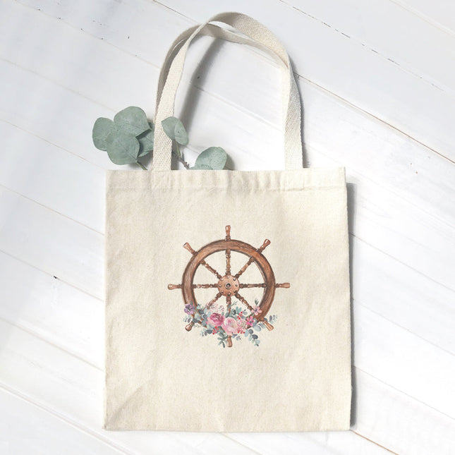 Watercolor Floral Ship Wheel - Canvas Tote Bag