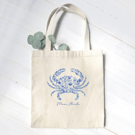 Watercolor Floral Blue Crab - Custom Canvas Tote Bag