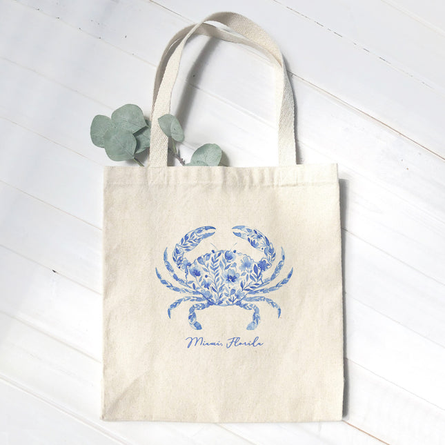 Watercolor Floral Blue Crab - Custom Canvas Tote Bag