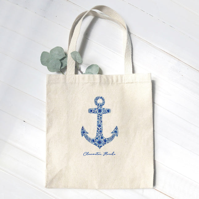 Watercolor Floral Navy Anchor - Custom Canvas Tote Bag