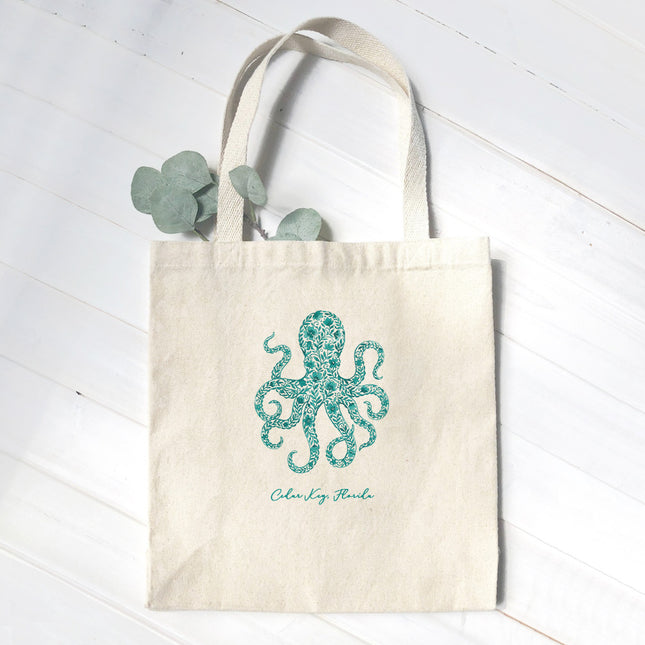 Watercolor Floral Teal Octopus - Custom Canvas Tote Bag