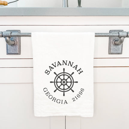 Ship Wheel w/ City and State - Custom Cotton Tea Towel