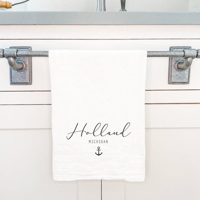 Script City and State with Anchor - Custom Cotton Tea Towel