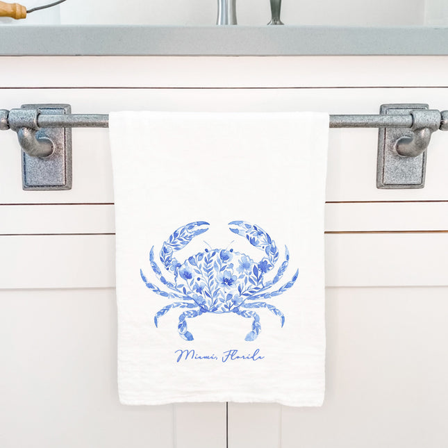 Watercolor Floral Blue Crab - Custom Cotton Tea Towel