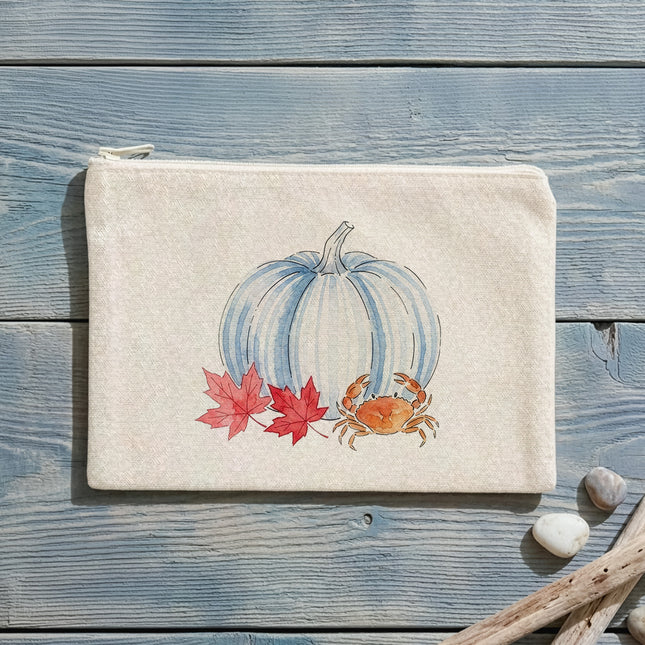 Crab & Blue Pinstripe Pumpkin - Canvas Zipper Pouch