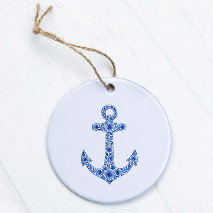 Watercolor Floral Navy Anchor - Ornament
