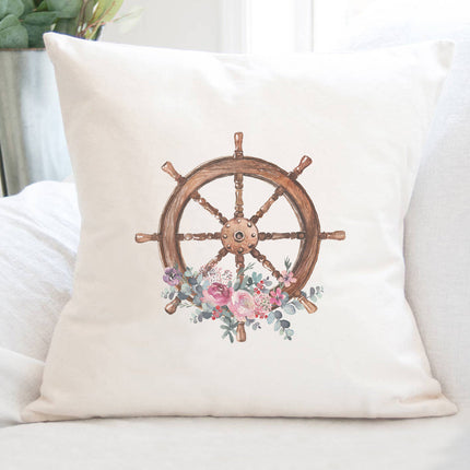 Watercolor Floral Ship Wheel - Square Canvas Pillow