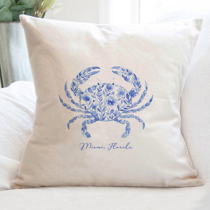 Watercolor Floral Blue Crab - Custom Square Canvas Pillow