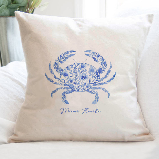 Watercolor Floral Blue Crab - Custom Square Canvas Pillow
