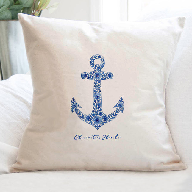 Watercolor Floral Navy Anchor - Custom Square Canvas Pillow