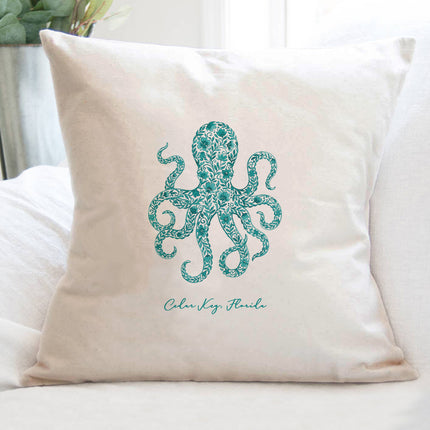 Watercolor Floral Teal Octopus - Custom Square Canvas Pillow