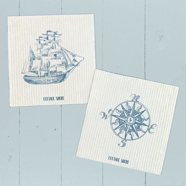 Hand Drawn Ship, Compass 2 pk - Swedish Dish Cloth